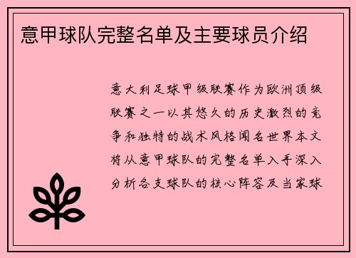 意甲球队完整名单及主要球员介绍