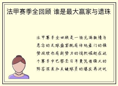 法甲赛季全回顾 谁是最大赢家与遗珠